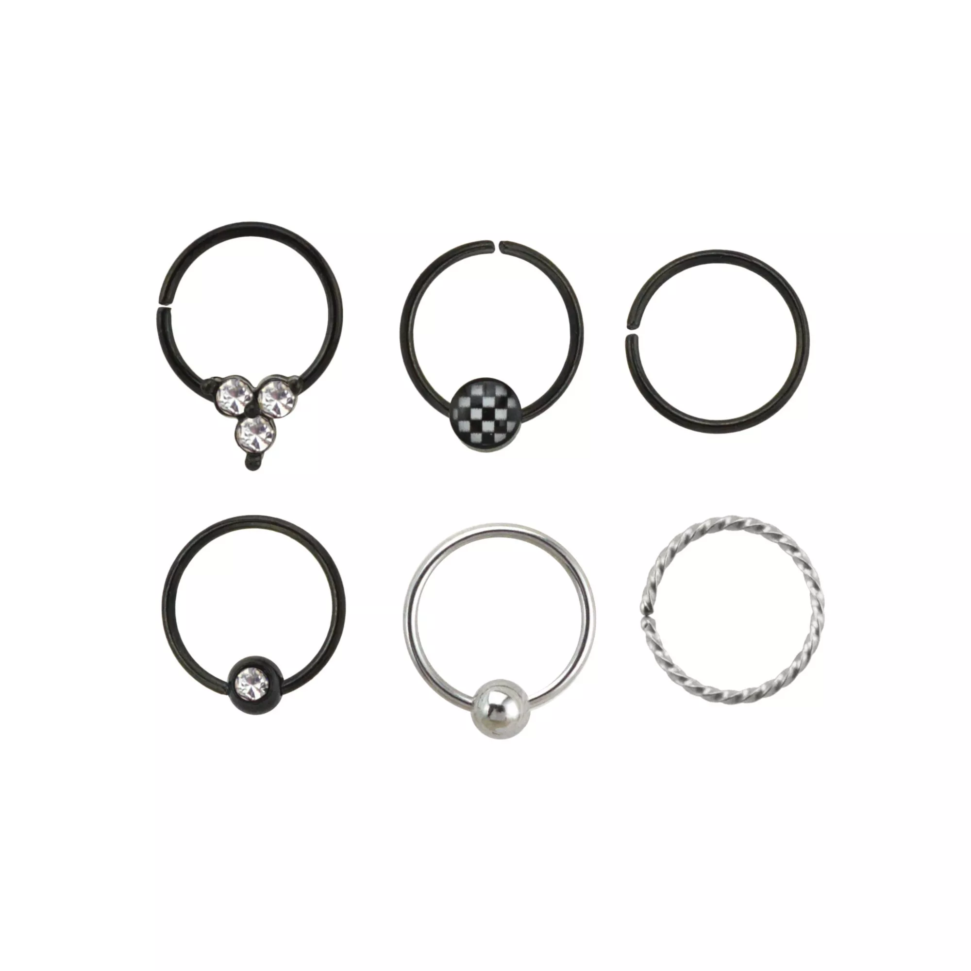 Multi-Pack CZ Black and Silvertone Hoop Nose Rings 6 Pack - 20 Gauge at Spencer's