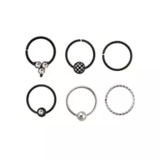 Multi-Pack CZ Black and Silvertone Hoop Nose Rings 6 Pack - 20 Gauge at Spencer's