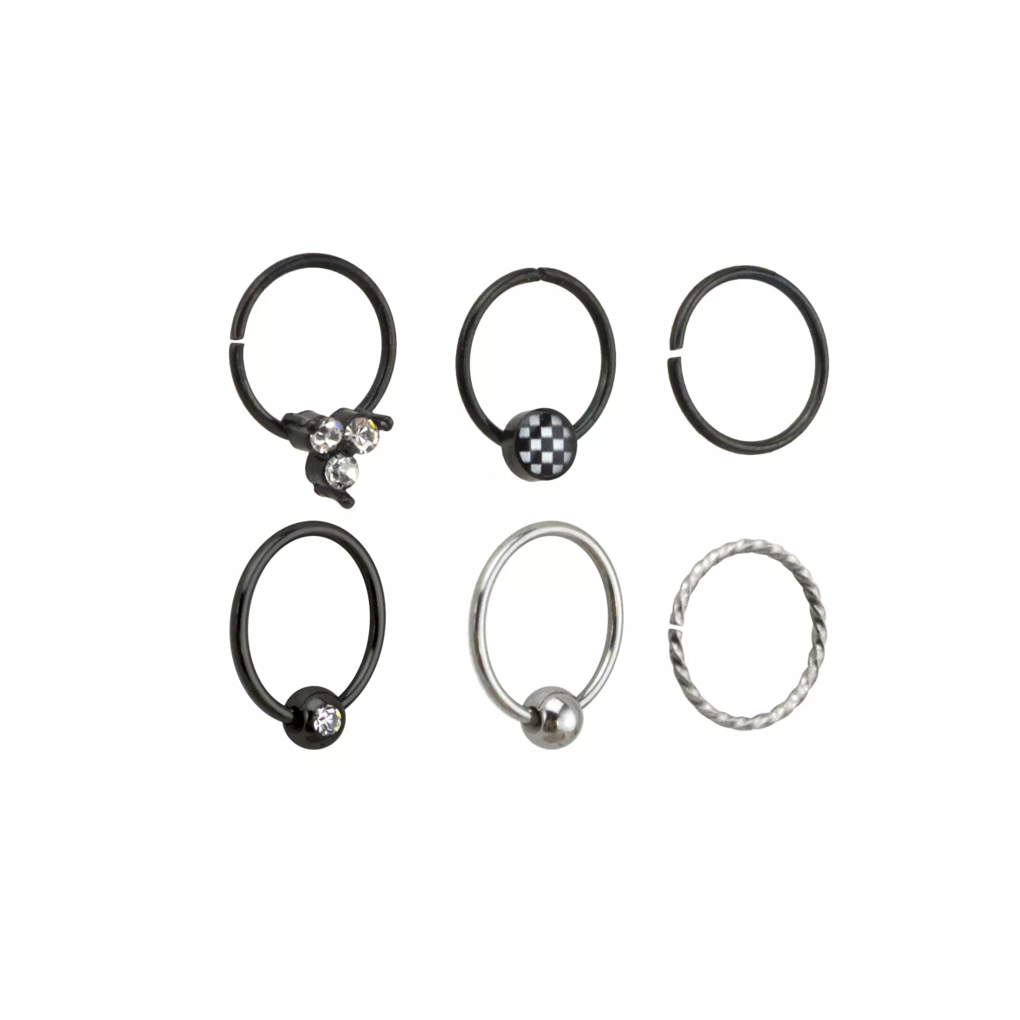 Multi-Pack CZ Black and Silvertone Hoop Nose Rings 6 Pack - 20 Gauge at Spencer's