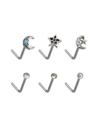 Multi-Pack CZ Moon and Star L-Bend Nose Rings 6 Pack - 20 Gauge