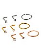 Multi-Pack CZ Rose Gold Silver and Gold L-Bend and Hoop Nose Rings 9 Pack - 20 Gauge