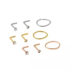 Multi-Pack CZ Rose Gold Silver and Gold L-Bend and Hoop Nose Rings 9 Pack - 20 Gauge at Spencer's