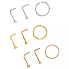 Multi-Pack CZ Rose Gold Silver and Gold L-Bend and Hoop Nose Rings 9 Pack - 20 Gauge at Spencer's
