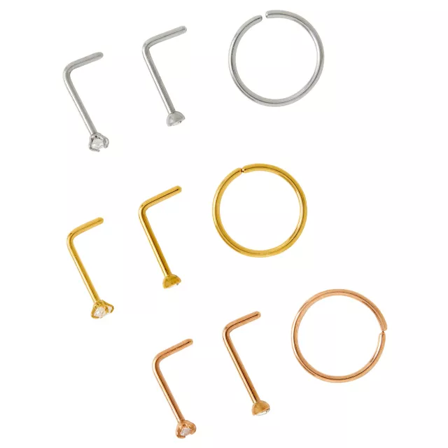 Multi-Pack CZ Rose Gold Silver and Gold L-Bend and Hoop Nose Rings 9 Pack - 20 Gauge at Spencer's