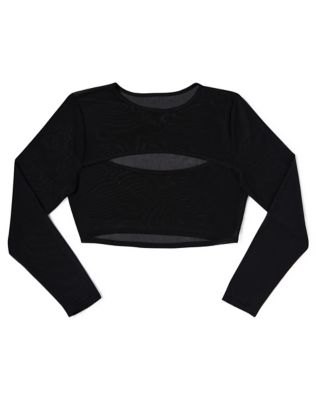 Long Sleeve Black Mesh Cutout Crop Top
