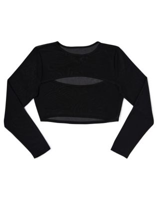 Long Sleeve Black Mesh Cutout Crop Top - Spencer's