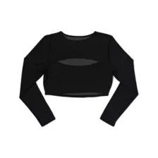 Long Sleeve Black Mesh Cutout Crop Top at Spencer's