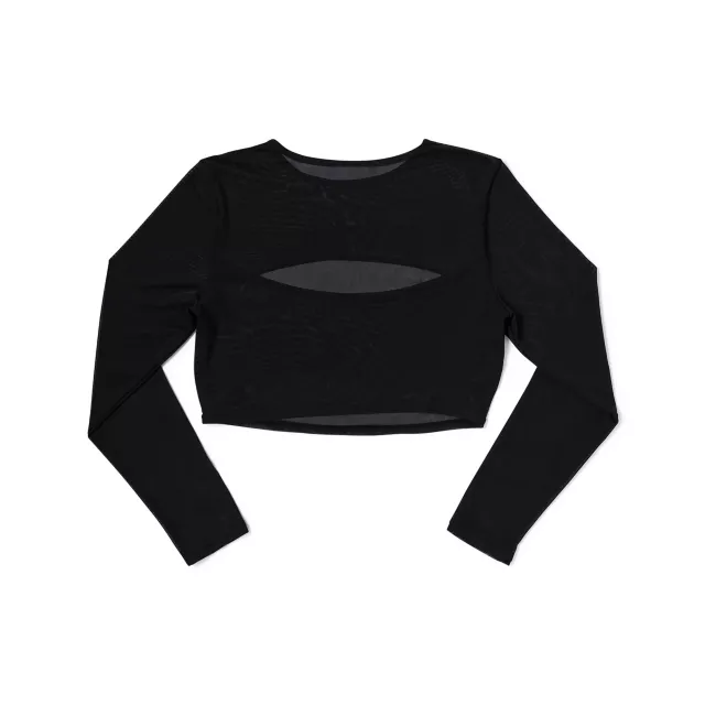 Long Sleeve Black Mesh Cutout Crop Top at Spencer's