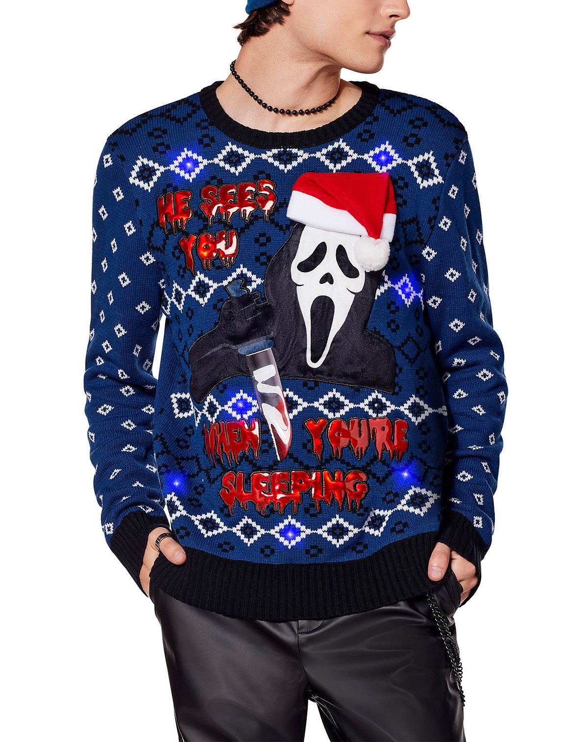 Light-Up He Sees You Ghost Face Ugly Christmas Sweater
