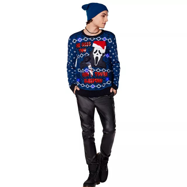 Light-Up He Sees You Ghost Face Christmas Sweater