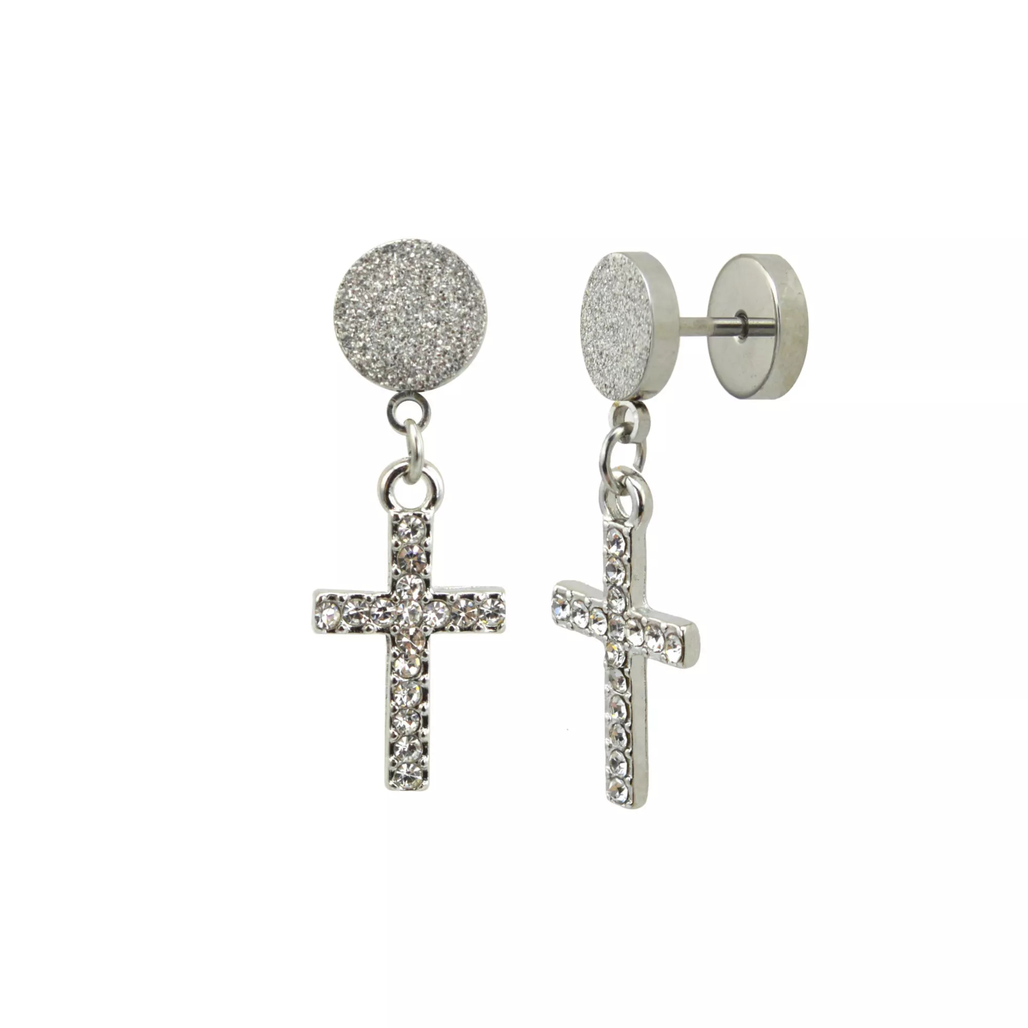 CZ Silvertone Cross Dangle Fake Plugs at Spencer's