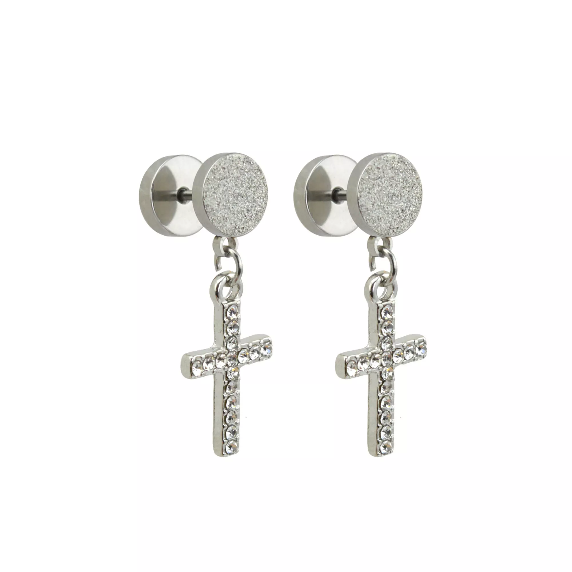 CZ Silvertone Cross Dangle Fake Plugs at Spencer's