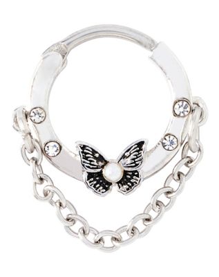 CZ Butterfly Chain Septum Ring - 16 Gauge