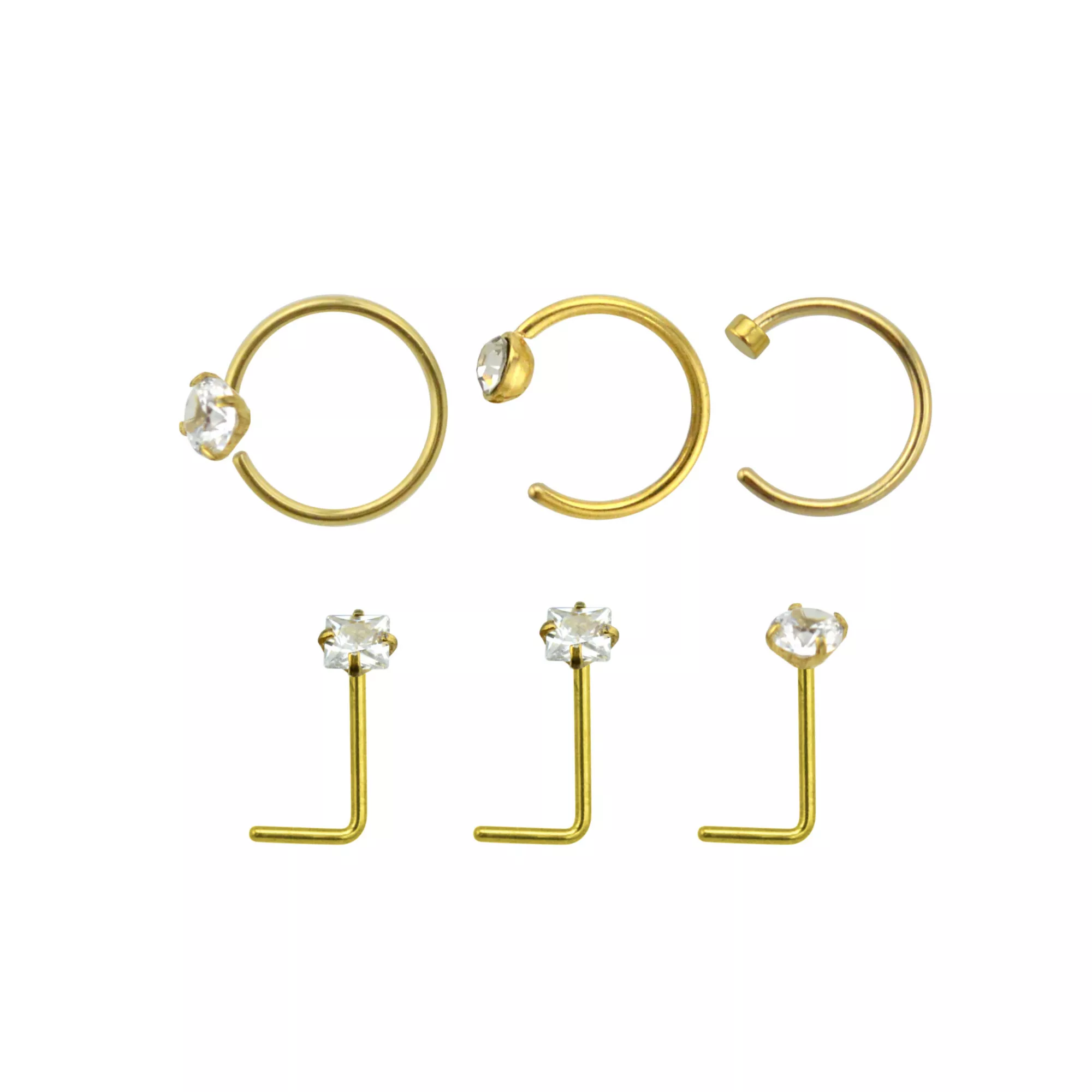 Multi-Pack CZ Gold-Tone L-Bend Nose Rings and Hoop Nose Rings - 6 Pack at Spencer's
