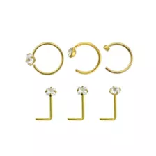 Multi-Pack CZ Goldtone L-Bend Nose Rings and Half Hoop and Hoop Nose Rings 6 Pack - 20 Gauge at Spencer's