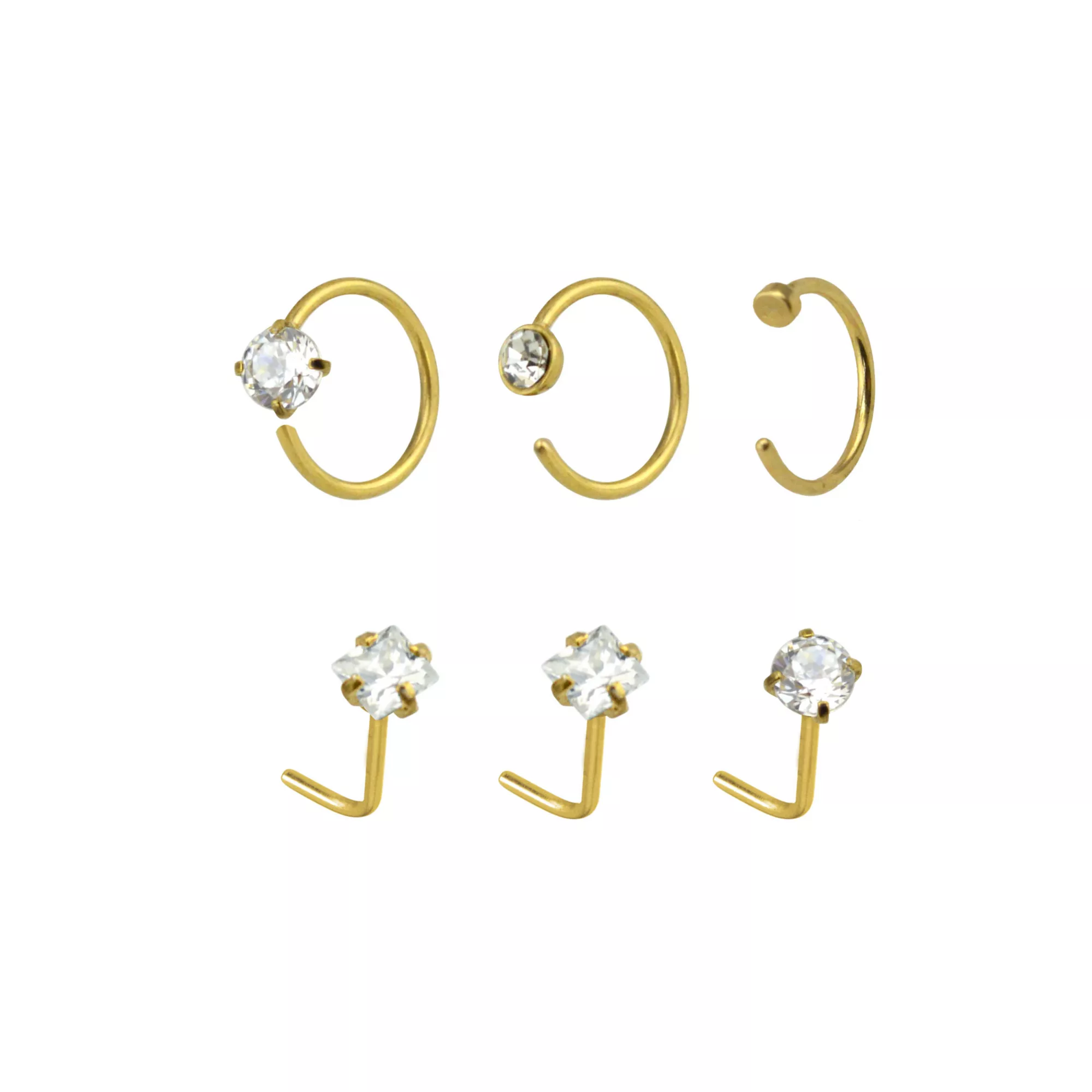 Multi-Pack CZ Gold-Tone L-Bend Nose Rings and Hoop Nose Rings - 6 Pack at Spencer's