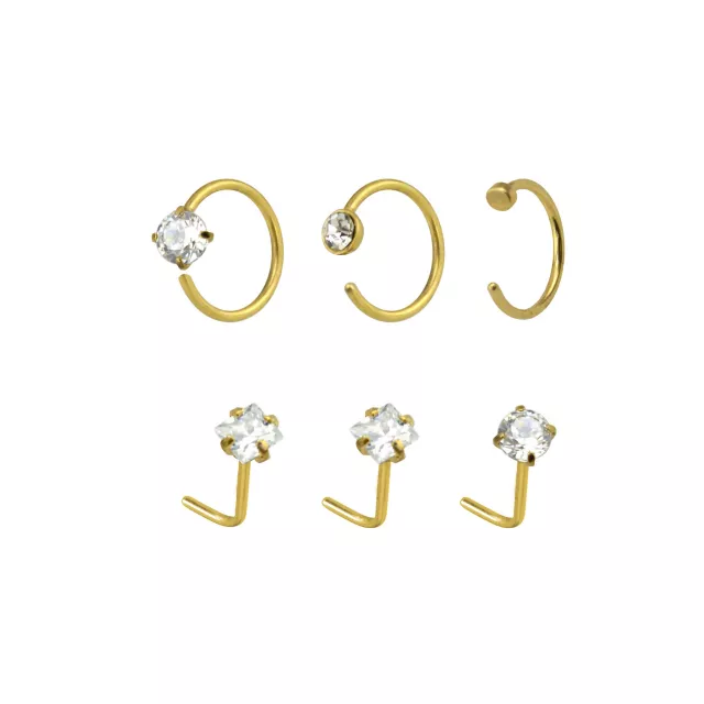 Multi-Pack CZ Goldtone L-Bend Nose Rings and Half Hoop and Hoop Nose Rings 6 Pack - 20 Gauge at Spencer's