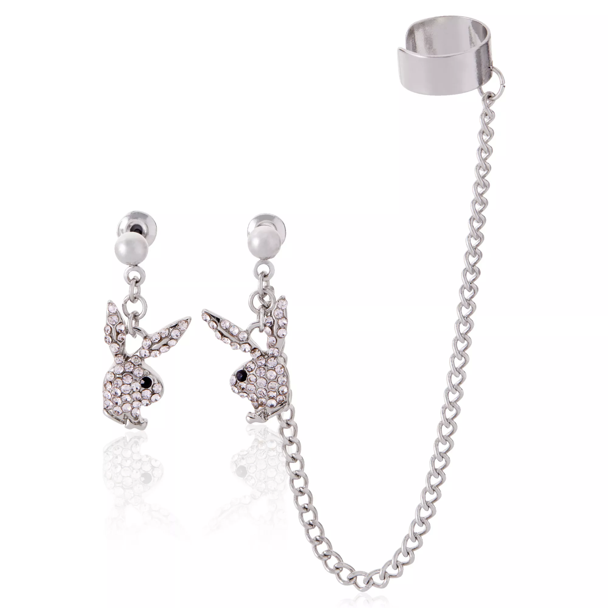 Multi-Pack CZ Playboy Bunny Earrings with Cuff Chain at Spencer's