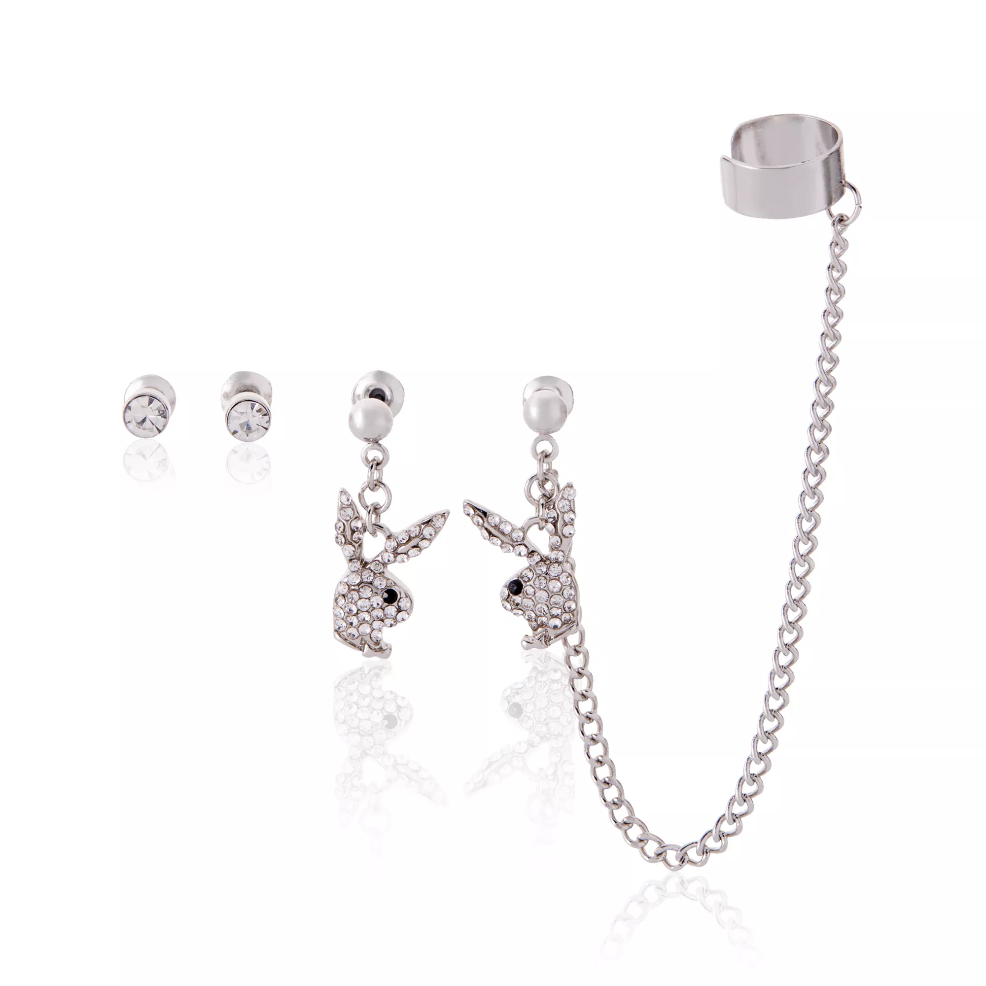 Multi-Pack CZ Playboy Bunny Earrings with Cuff Chain at Spencer's