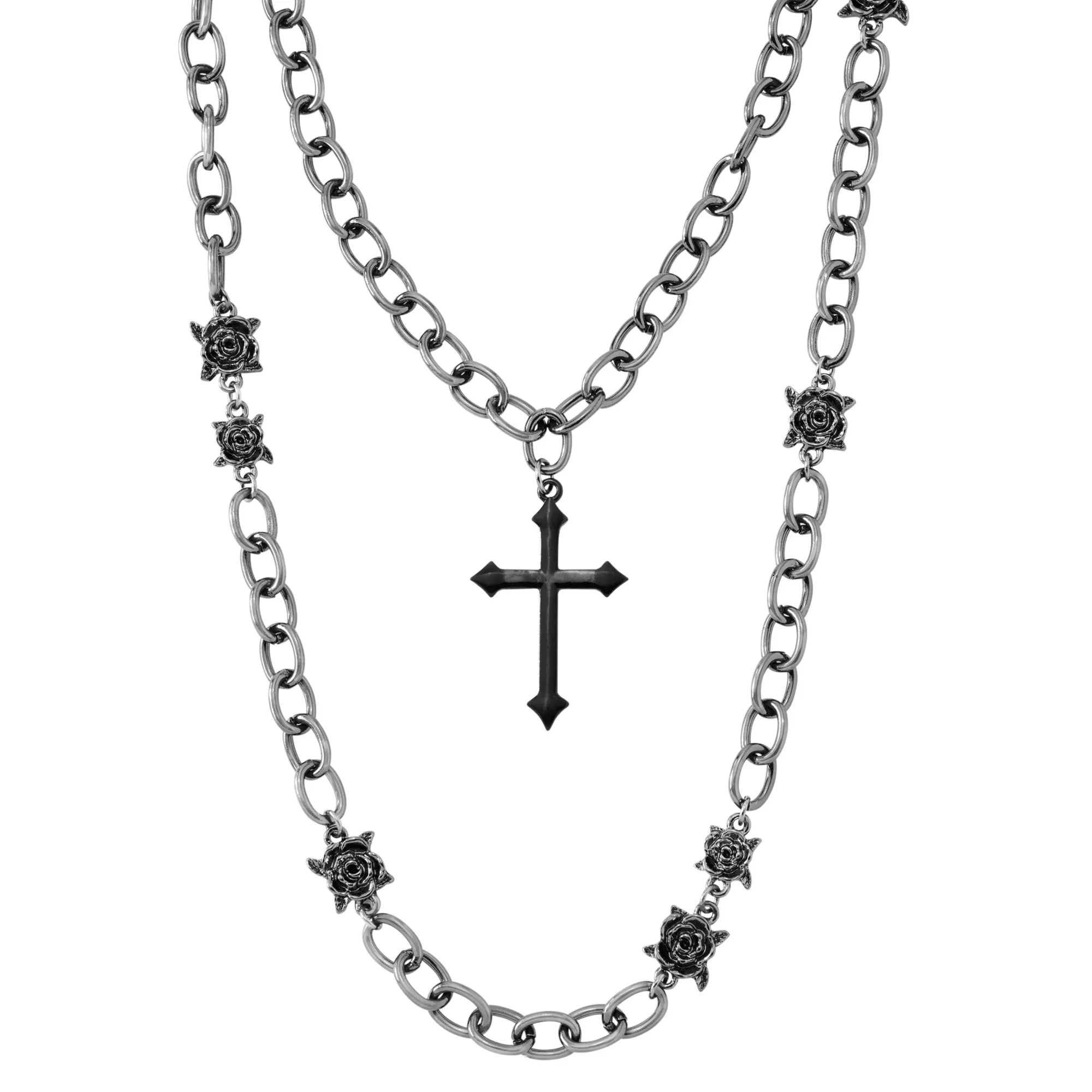 Black Cross and Rose Chain Necklaces - 2 Pack at Spencer's