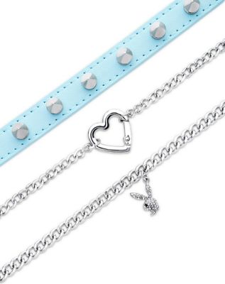 Multi-Pack Studded Heart and Curb Chain Playboy Bunny Choker Necklaces - 3 Pack