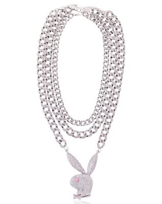 CZ Playboy Bunny Triple Row Figaro Chain Necklace