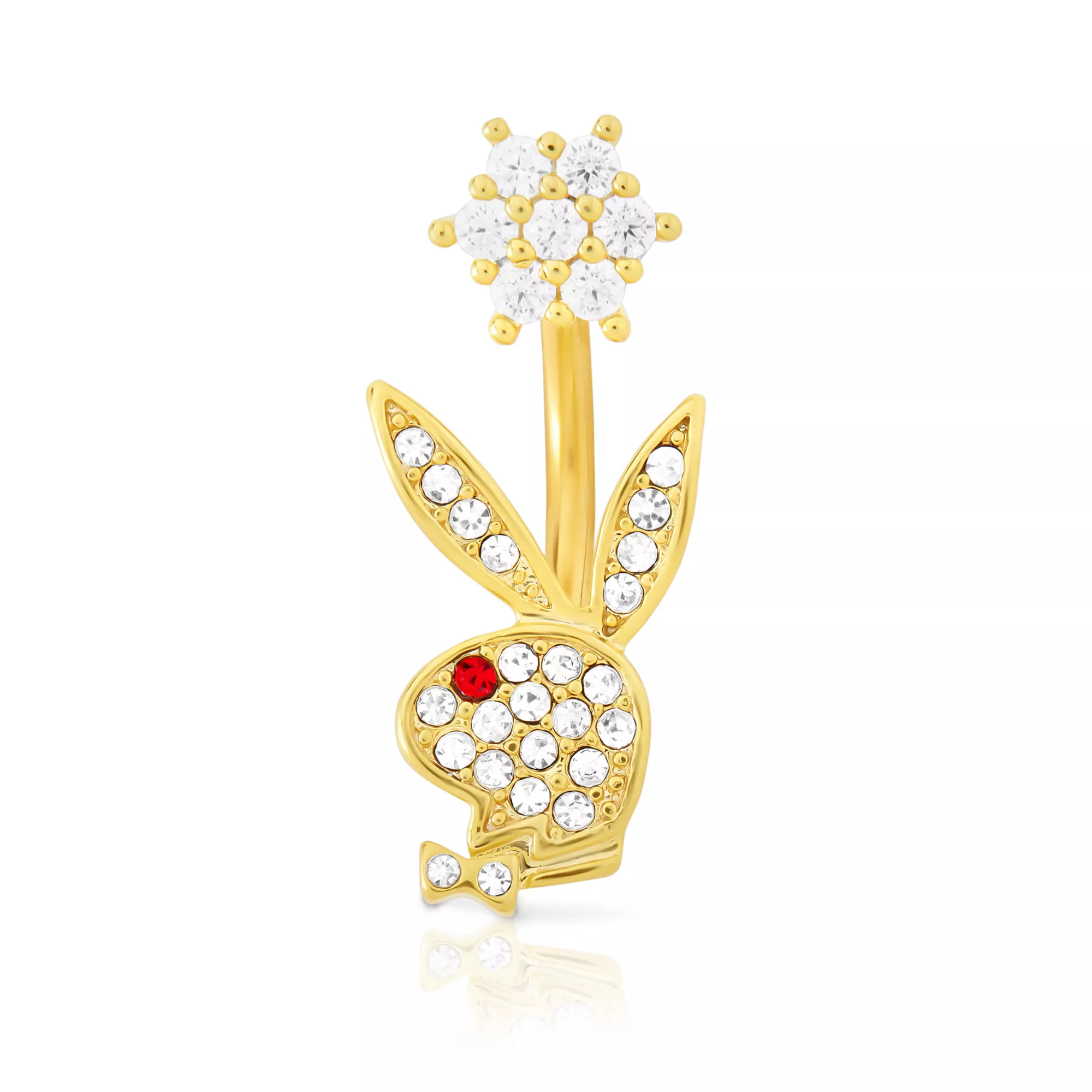 CZ Goldtone Playboy Bunny Flower Belly Ring - 14 Gauge at Spencer's