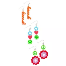Multi-Pack 70s Groovy Smiley Face Peace Sign Flower Earrings - 3 Pair at Spencer's