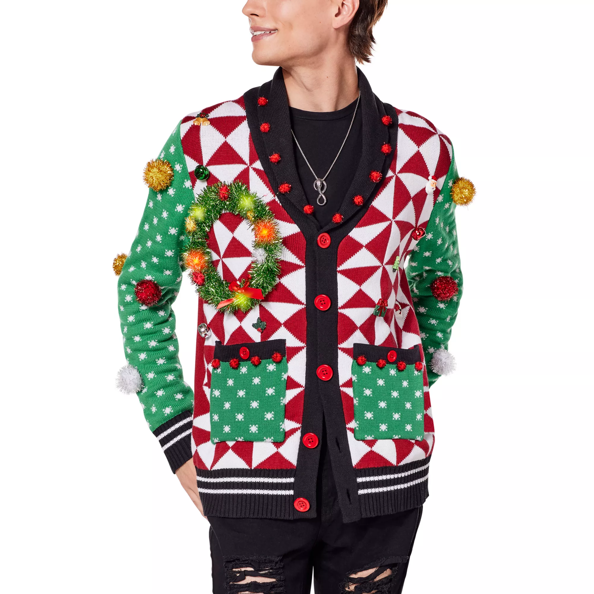 Light-Up Wreath Christmas Cardigan Sweater at Spencer's