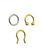 Multi-Pack Silvertone and Goldtone Hoop Ring and Horseshoe and Septum Retainers 3 Pack - 14 Gauge