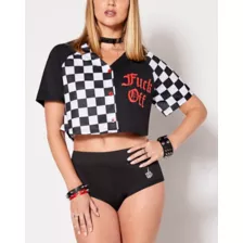 Checkered Fuck Off Crop Top Jersey at Spencer's