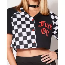 Checkered Fuck Off Crop Top Jersey at Spencer's