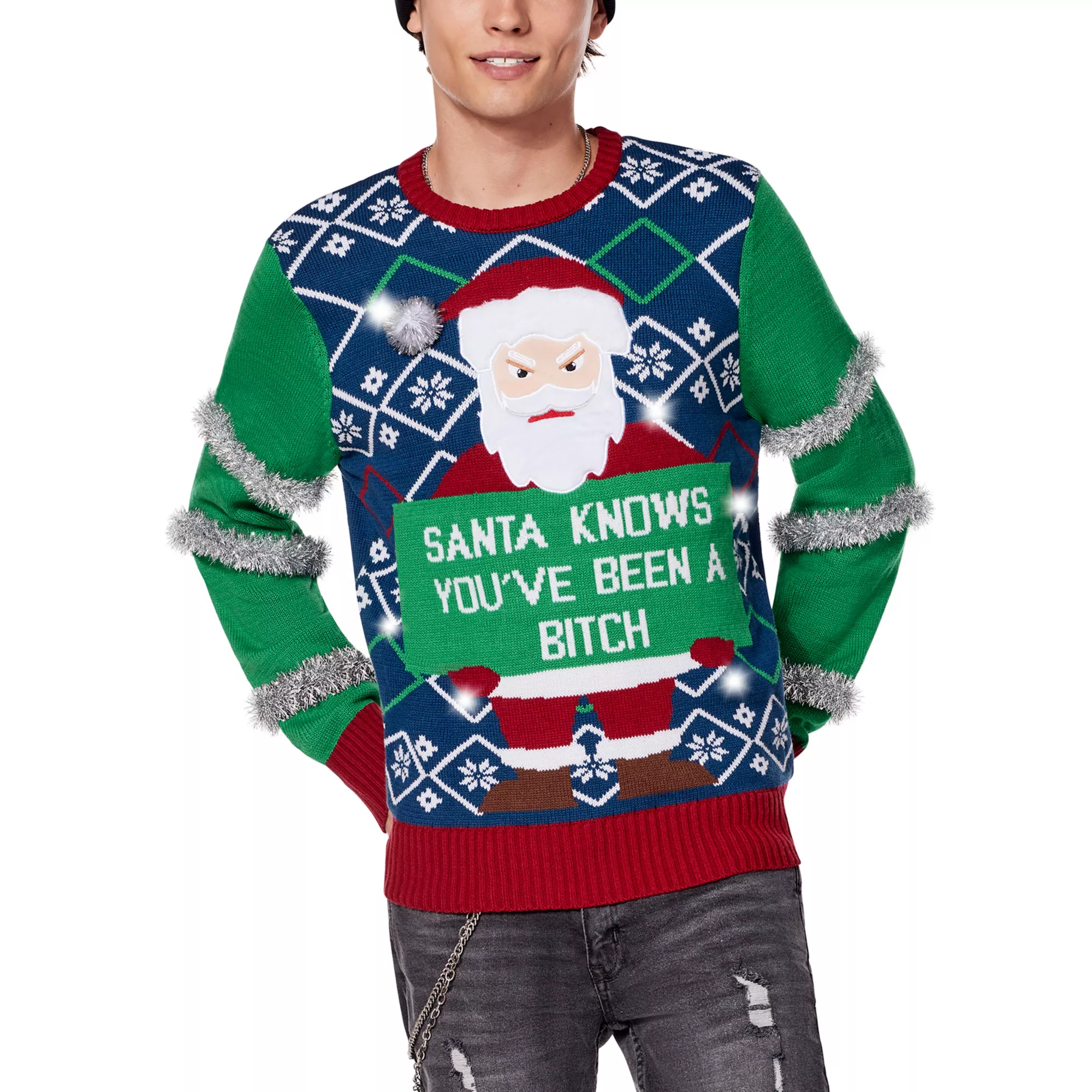 Light-Up Santa Knows You've Been a Bitch Christmas Sweater