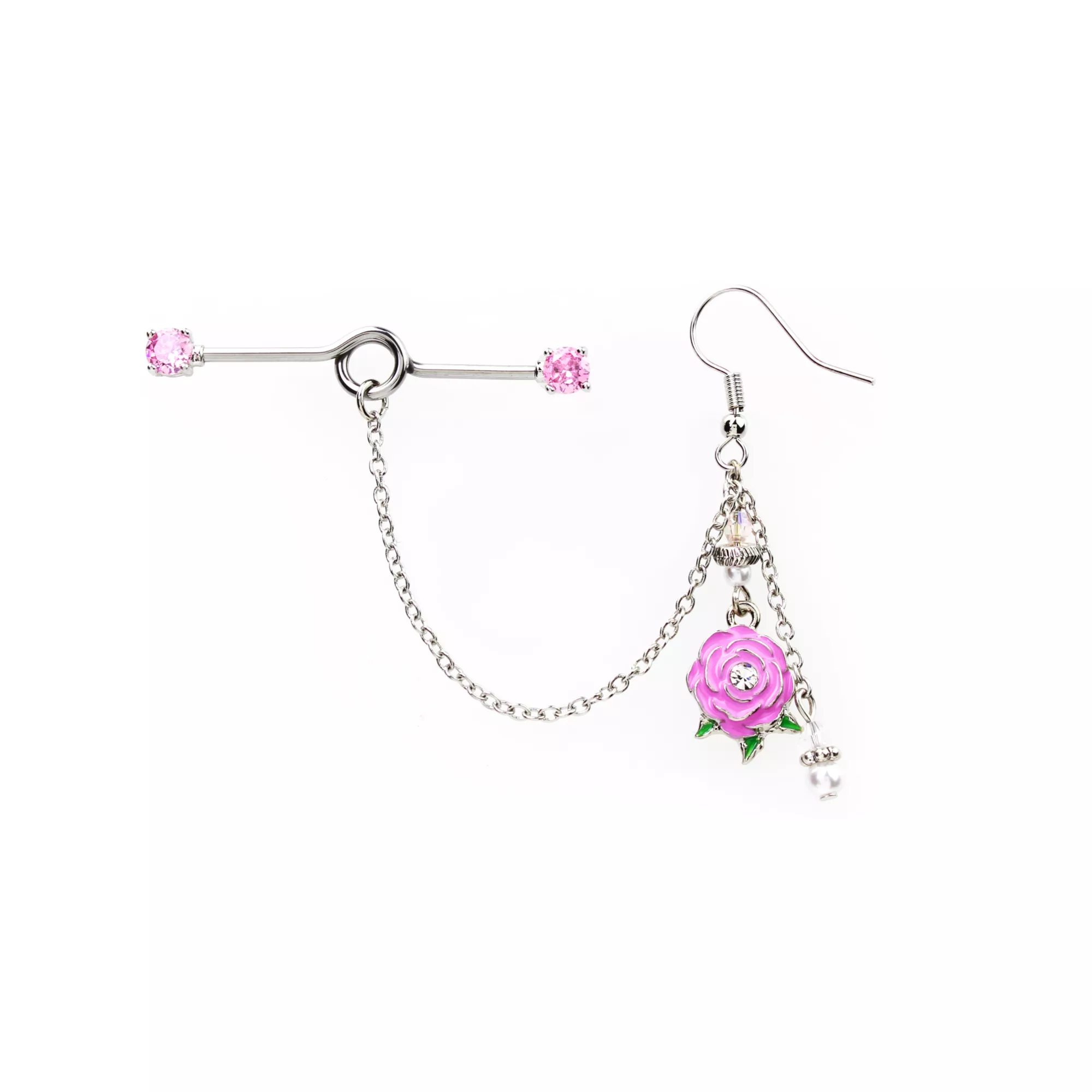 CZ Pink Industrial Barbell Chain Dangle Earrings - 14 Gauge