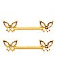CZ Goldplated Butterfly Nipple Barbells - 14 Gauge