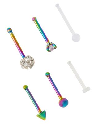 CZ Oil Slick and White Bone Nose Pins 6 Pack - 20 Gauge
