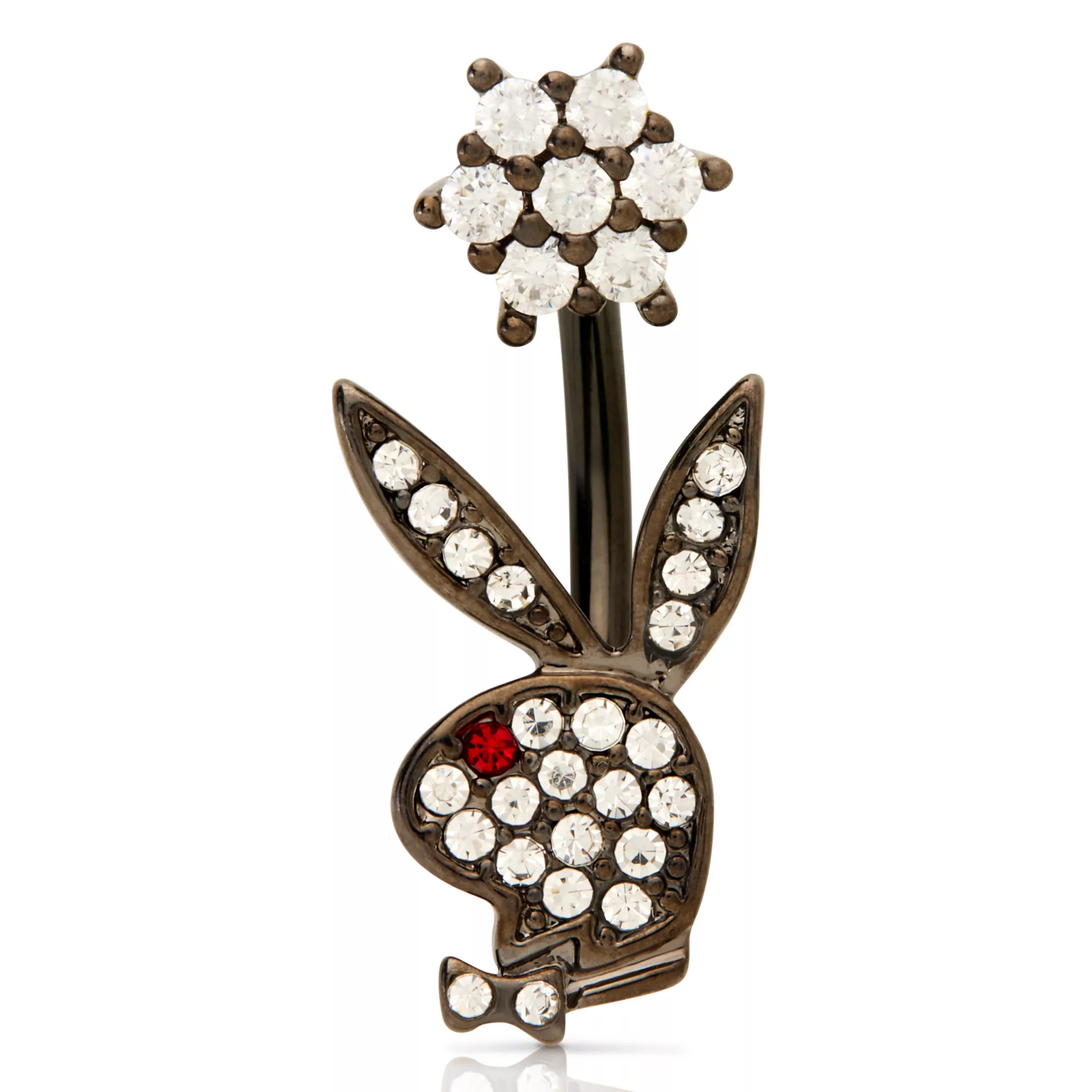 CZ Flower Black Playboy Belly Ring - 14 Gauge at Spencer's