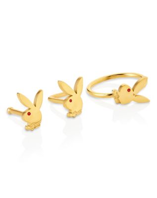 Multi Pack Goldtone Playboy Bunny L Bend Pin and Hoop Nose Rings 3 Pack 20 Gauge