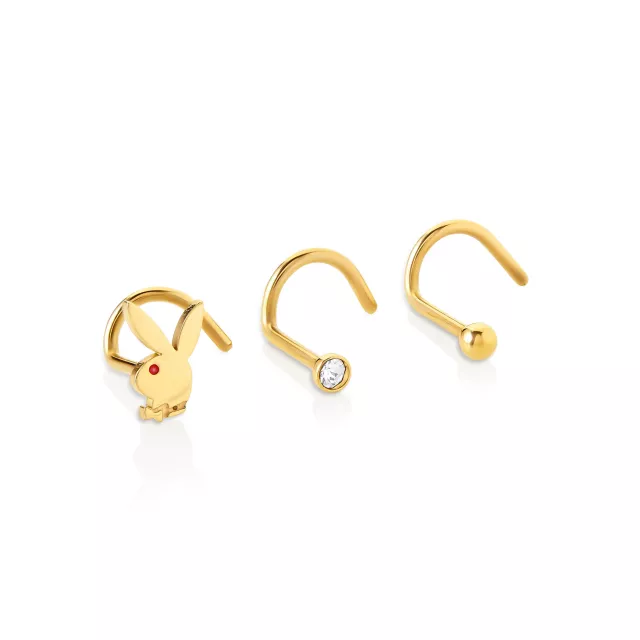 Multi-Pack CZ Goldtone Playboy Bunny Screw Nose Rings 3 Pack - 20 Gauge at Spencer's