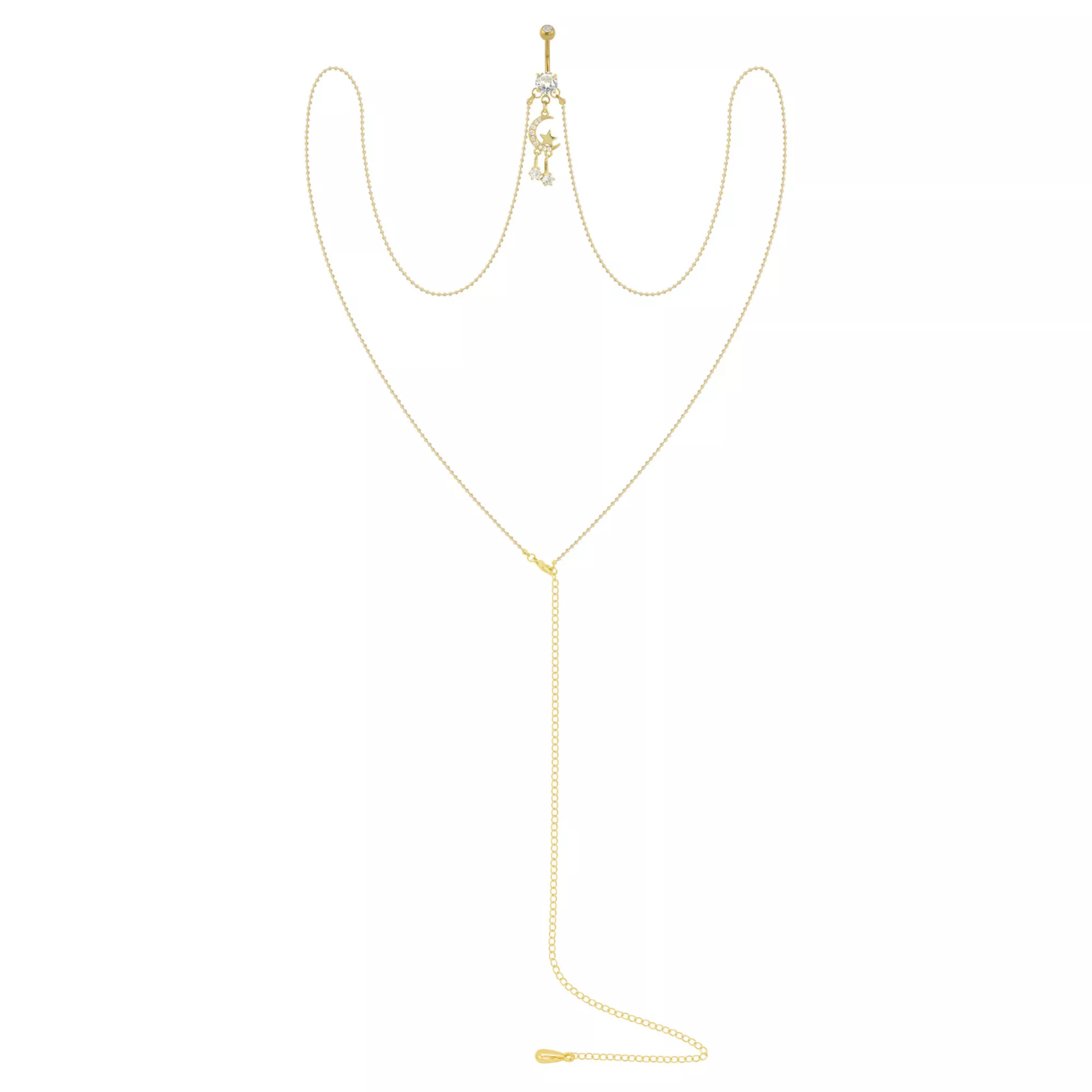 CZ Goldtone Moon Star Chain Dangle Belly Ring - 14 Gauge at Spencer's