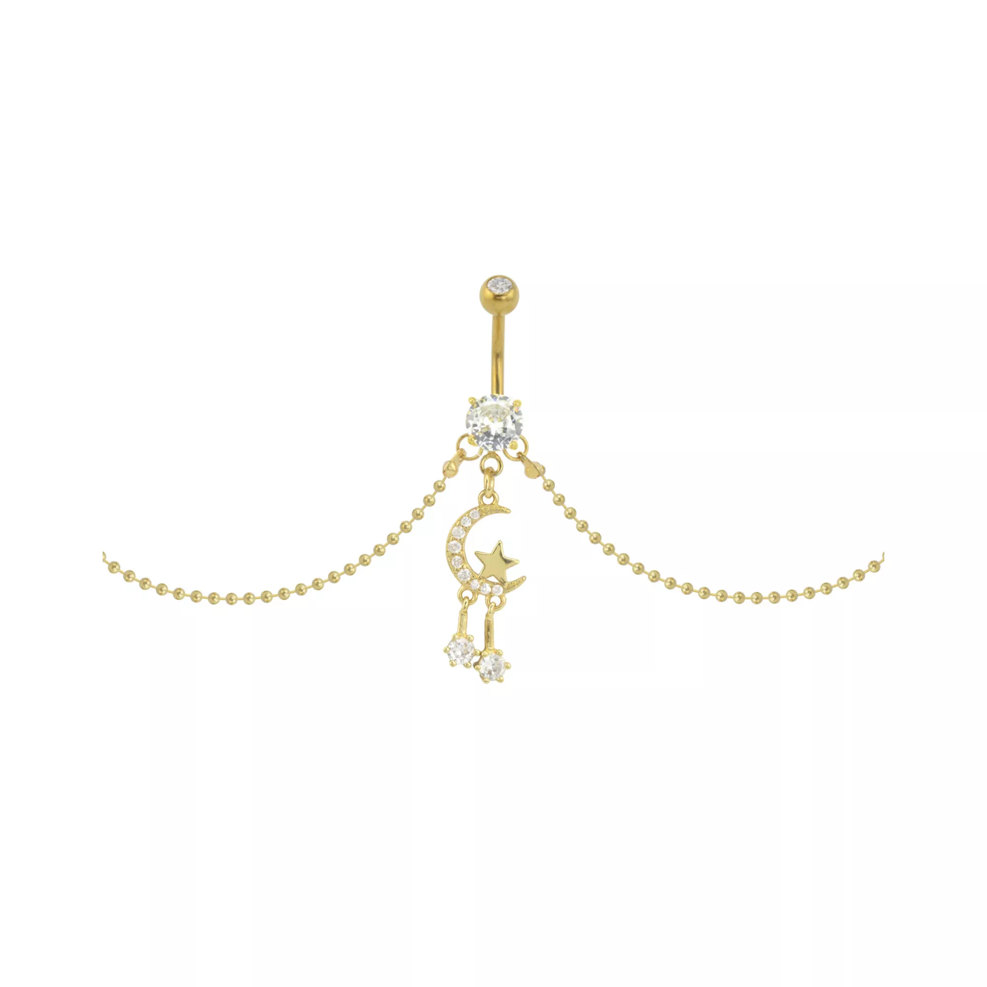 CZ Goldtone Moon Star Chain Dangle Belly Ring - 14 Gauge at Spencer's