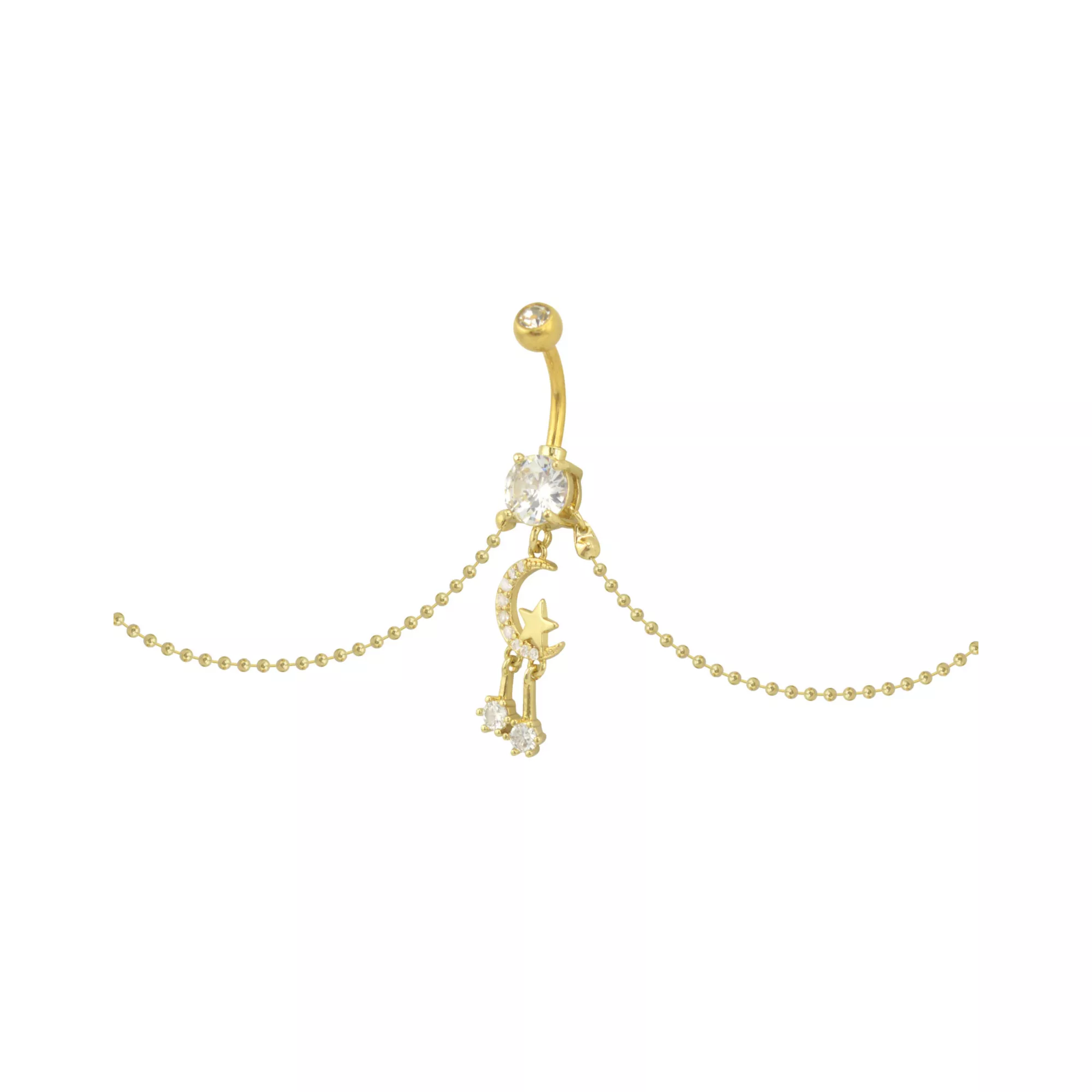 CZ Goldtone Moon Star Chain Dangle Belly Ring - 14 Gauge at Spencer's
