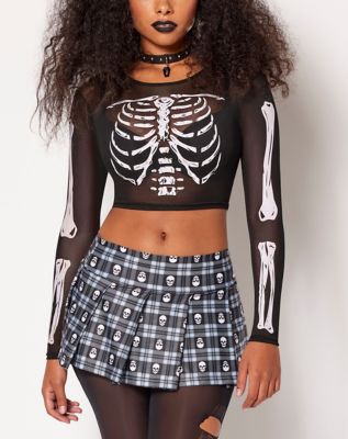 Long Sleeve Skeleton Rib Mesh Crop Top - Spencer's