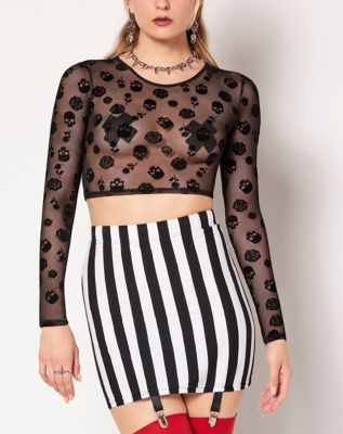 Long Sleeve Mesh Skull Crop Top - Spencer's