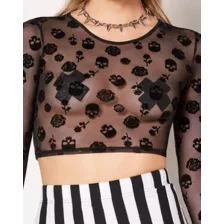 Long Sleeve Mesh Skull Crop Top at Spencer's