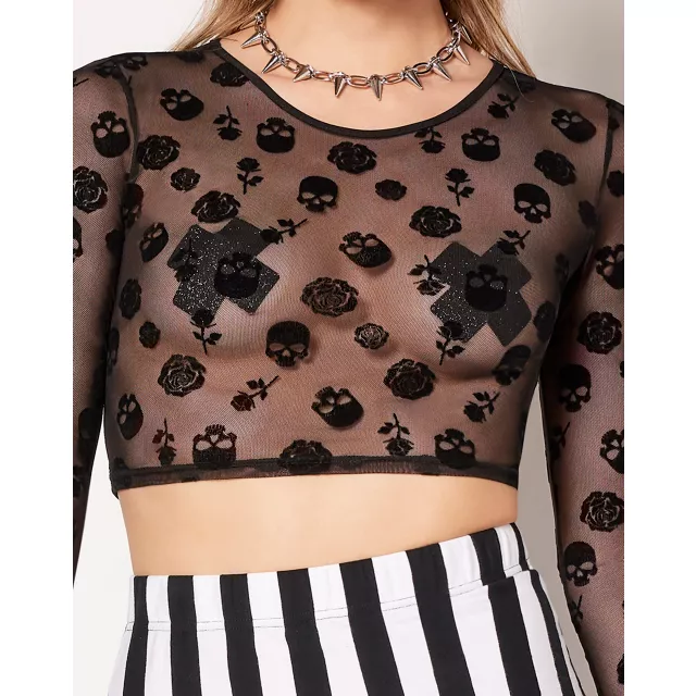 Long Sleeve Mesh Skull Crop Top at Spencer's