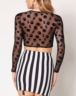 Long Sleeve Mesh Skull Crop Top