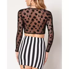 Long Sleeve Mesh Skull Crop Top at Spencer's