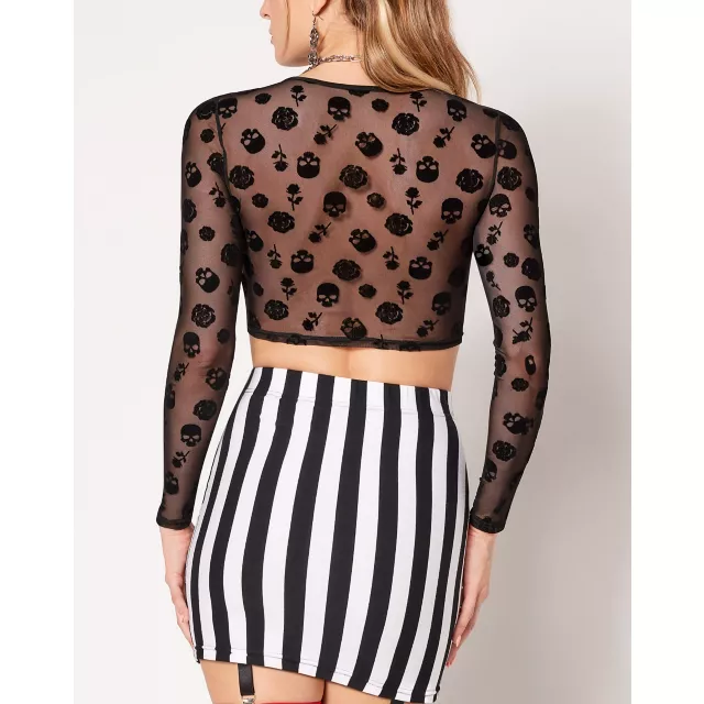 Long Sleeve Mesh Skull Crop Top at Spencer's
