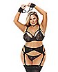Plus Size Black Lace Strappy Bra and G-String Panties Set with Wrist Restraints